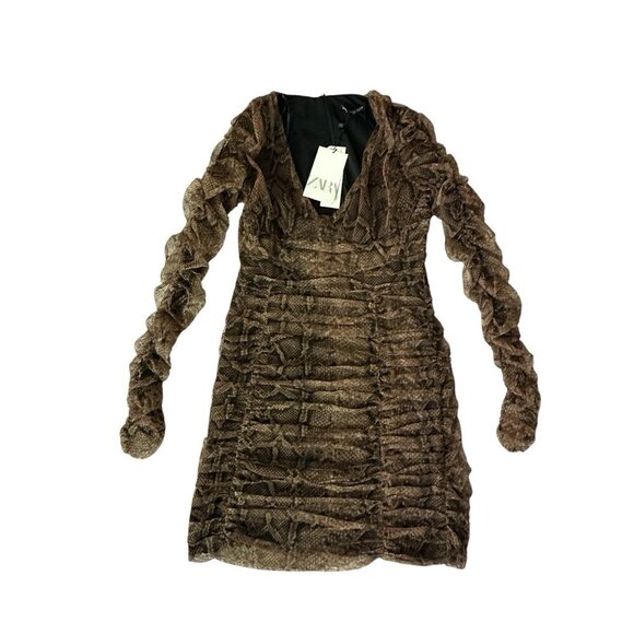 Zara Dress Draped Tulle Mini Long Sleeve in Snakeskin Brown Size S New - Picture 2 of 16